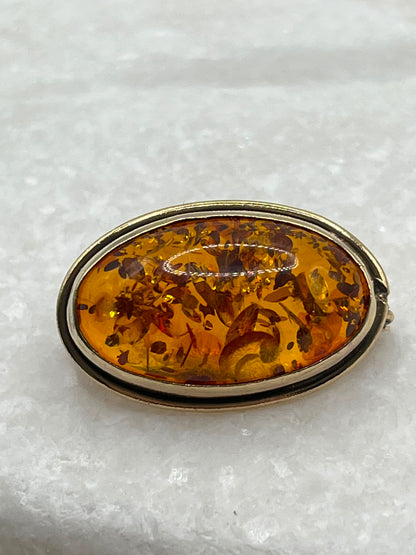Genuine Amber Cabochon Brooch in Gilded 925 Sterling Silver – Vintage Oval Pin
