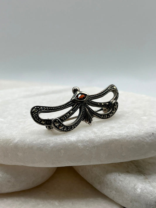 Vintage 925 Sterling Silver Amber & Marcasite Octopus Brooch