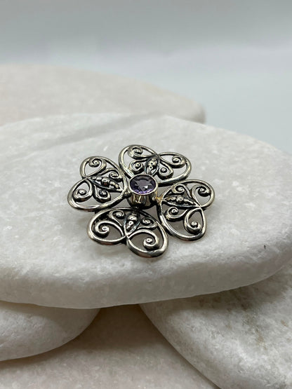 Vintage 925 Sterling Silver Amethyst Celtic Brooch