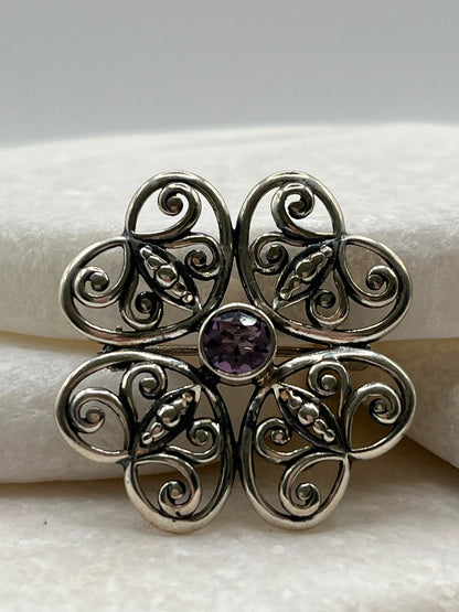 Vintage 925 Sterling Silver Amethyst Celtic Brooch