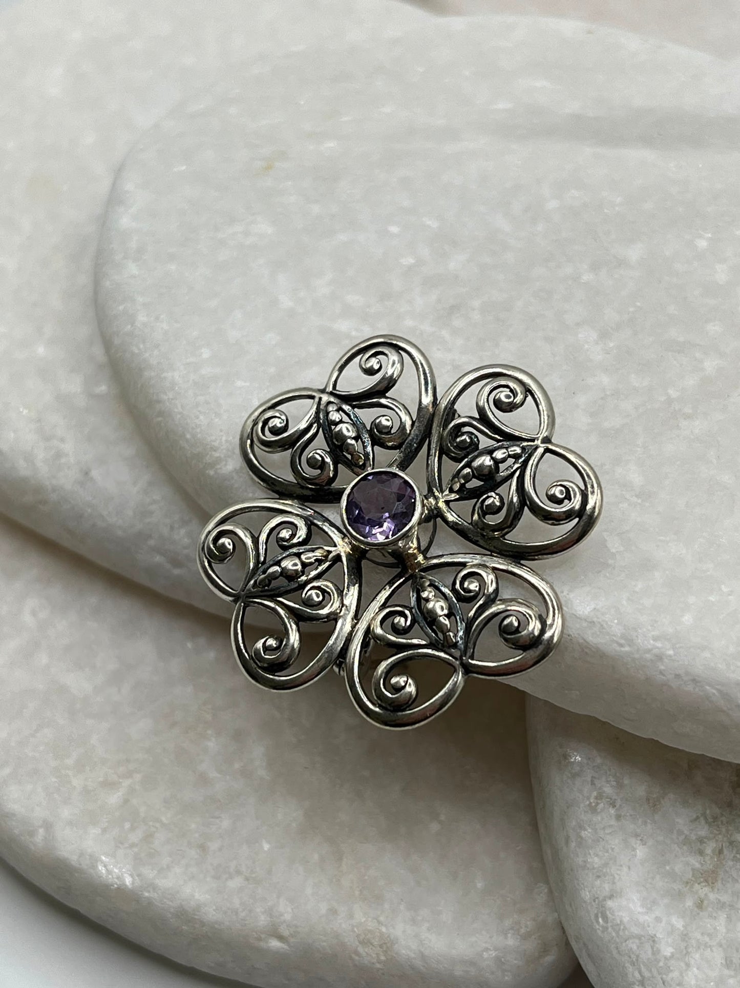 Vintage 925 Sterling Silver Amethyst Celtic Brooch