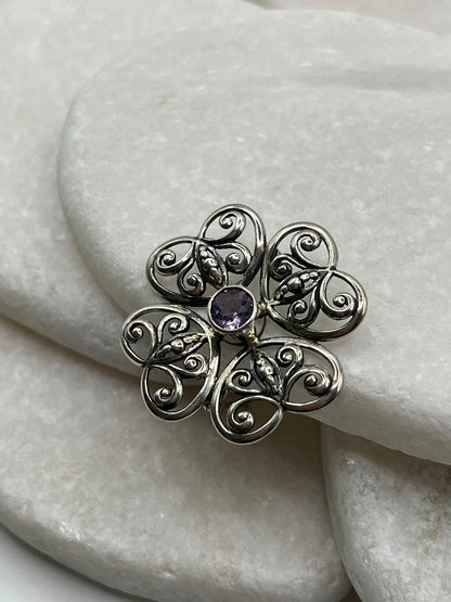 Vintage 925 Sterling Silver Amethyst Celtic Brooch