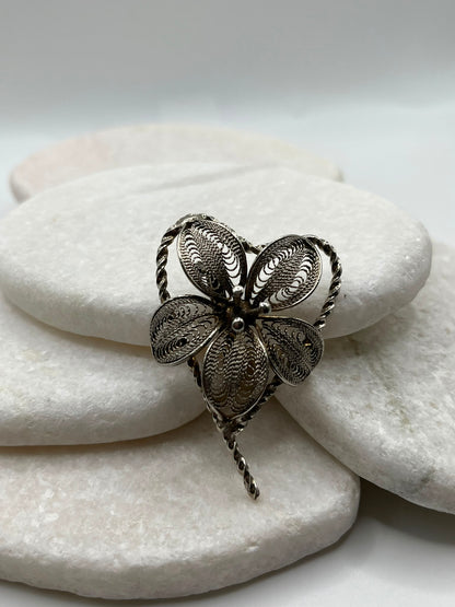 Large Vintage 925 Sterling Silver Filigree Heart Floral Brooch