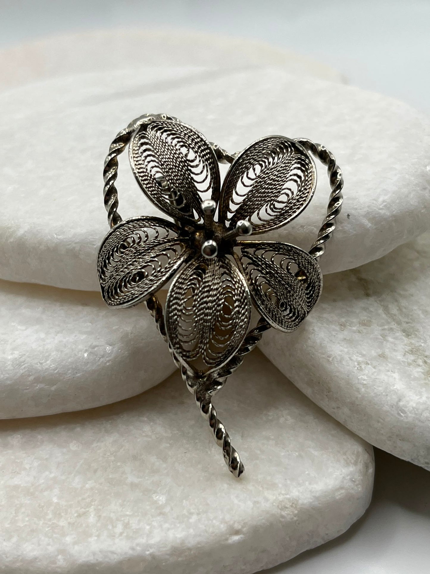 Large Vintage 925 Sterling Silver Filigree Heart Floral Brooch