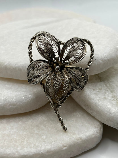 Large Vintage 925 Sterling Silver Filigree Heart Floral Brooch