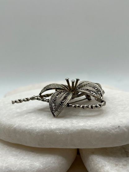 Large Vintage 925 Sterling Silver Filigree Heart Floral Brooch