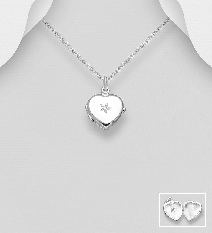 La Preciada -  925 Sterling Silver Star Engraved, Heart Locket Pendant, Decorated with White Diamond