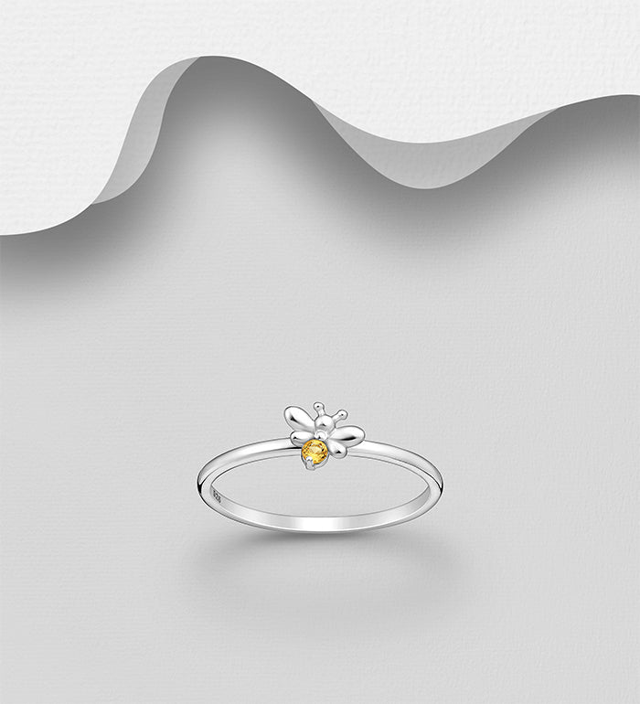 925 Sterling Silver Bee Ring, Decorated with Citrine