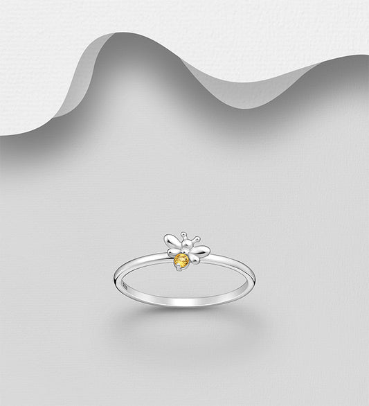 925 Sterling Silver Bee Ring, Decorated with Citrine