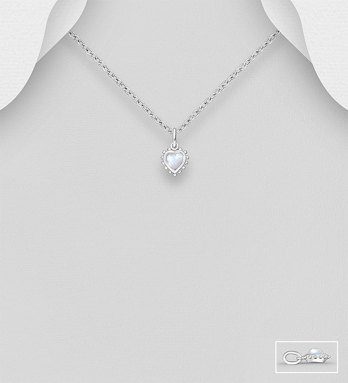925 Sterling Silver Heart Pendant, Decorated with Rainbow Moonstone