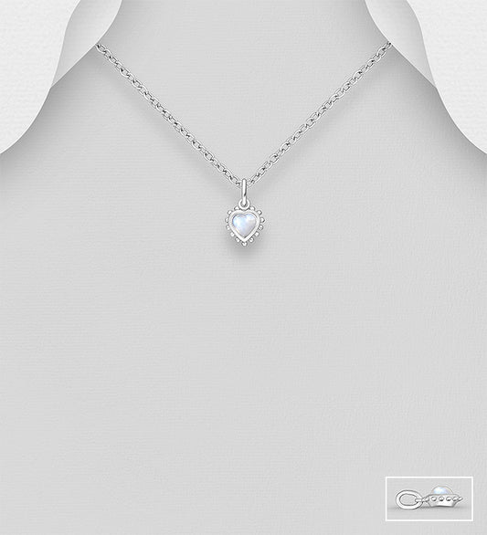 925 Sterling Silver Heart Pendant, Decorated with Rainbow Moonstone