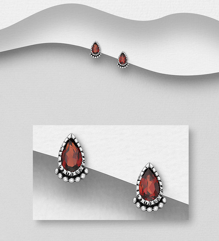 925 Sterling Silver Oxidized Droplet Push-Back Earrings, Decorated with Garnet