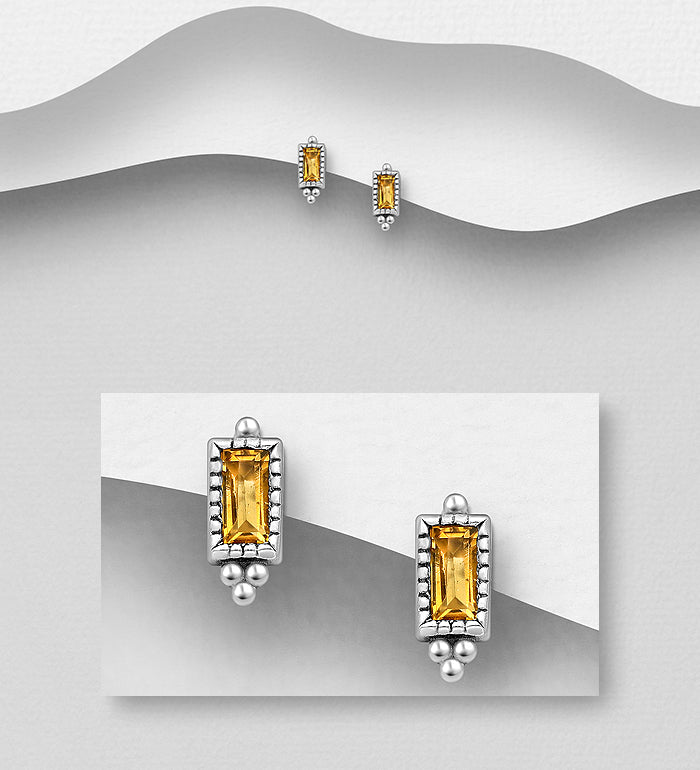 925 Sterling Silver Oxidized Push-Back Earrings, Decorated with Citrine