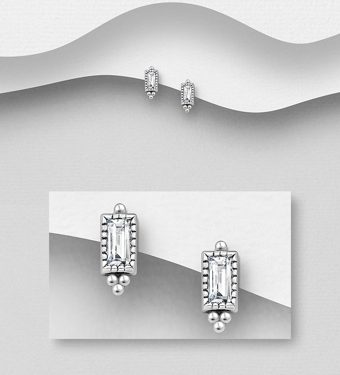 925 Sterling Silver Oxidized Rectangle Push-Back Earrings, Decorated with White Topaz