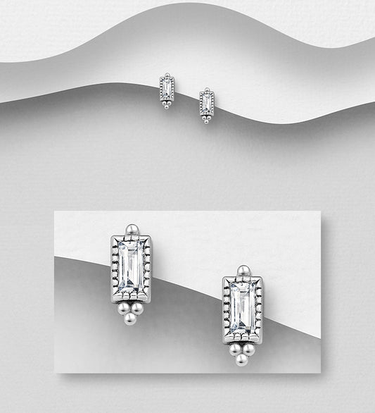 925 Sterling Silver Oxidized Rectangle Push-Back Earrings, Decorated with White Topaz
