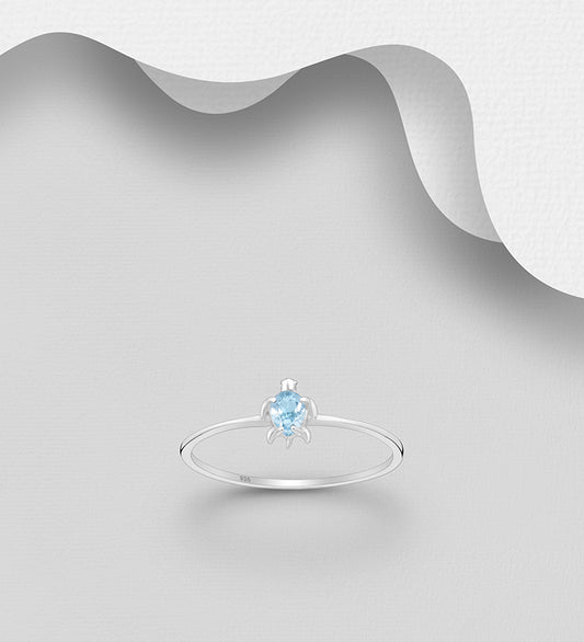 925 Sterling Silver Turtle Ring, Decorated with Swiss Blue Topaz