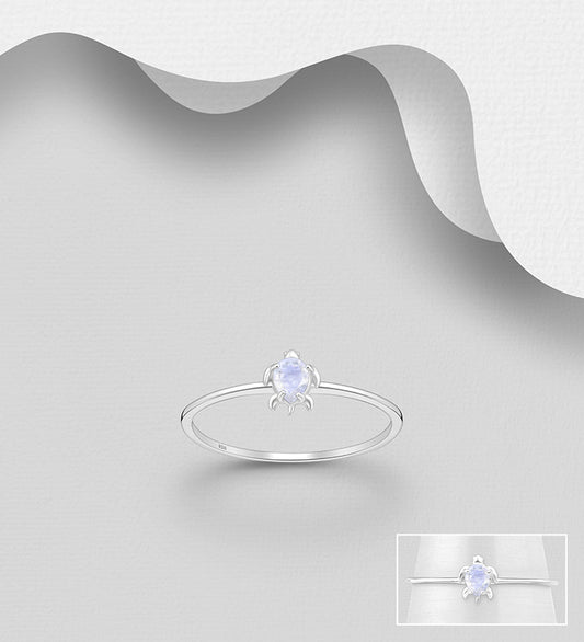 925 Sterling Silver Turtle Ring, Decorated with Rainbow Moonstone