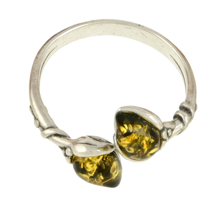 Sterling Silver Adjustable Green Amber Teardrop Ring