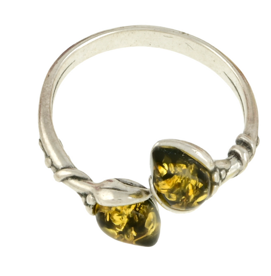 Sterling Silver Adjustable Green Amber Teardrop Ring