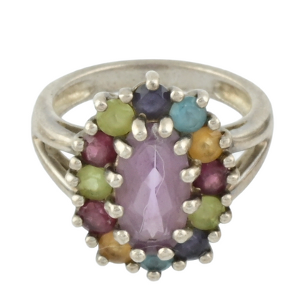 Sterling Silver Multi Gemstone Halo Ring