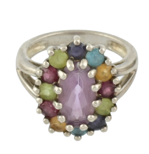 Sterling Silver Multi Gemstone Halo Ring