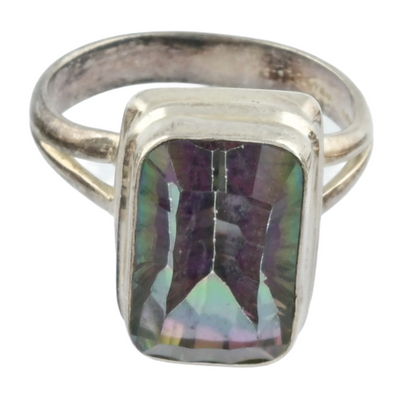 Sterling Silver Mystic Topaz Oblong Emerald Cut Ring