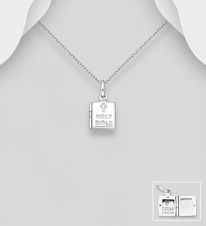 925 Sterling Silver Cross Book "HOLY BIBLE" Locket Pendant