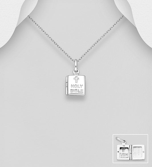 925 Sterling Silver Cross Book "HOLY BIBLE" Locket Pendant