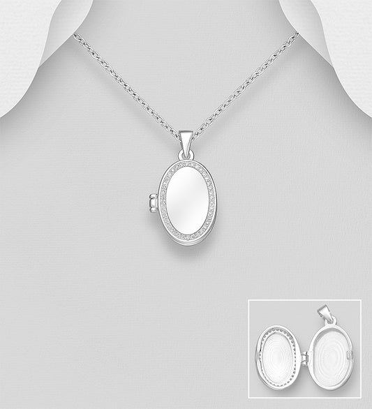 925 Sterling Silver Engravable Locket Pendant, Decorated with CZ Simulated Diamonds