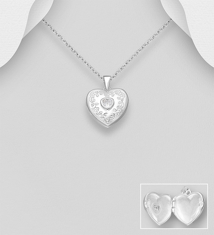 925 Sterling Silver Flower and Heart Locket Pendant, Decorated with CZ Simulated Diamond