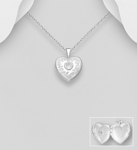 925 Sterling Silver Flower and Heart Locket Pendant, Decorated with CZ Simulated Diamond