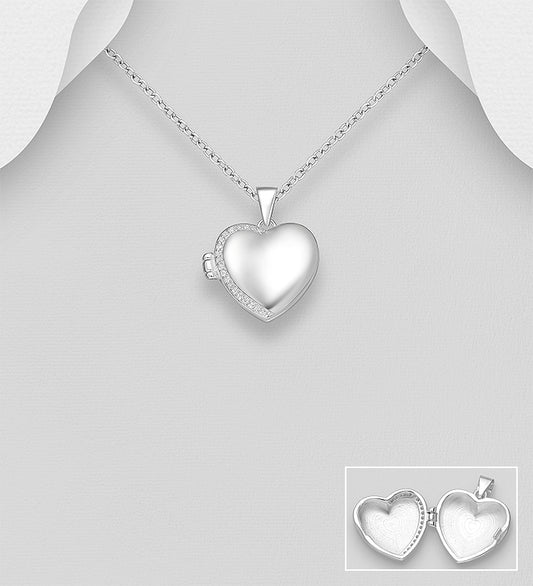 925 Sterling Silver Heart Engravable Locket Pendant, Decorated with CZ Simulated Diamonds