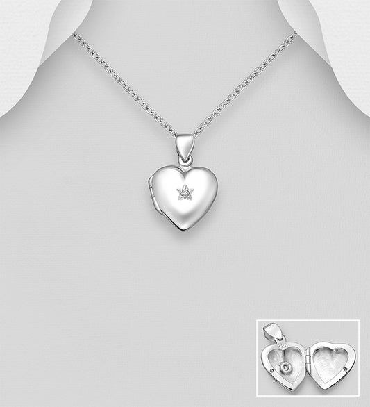 925 Sterling Silver Heart Locket Pendant, Decorated with CZ Simulated Diamond
