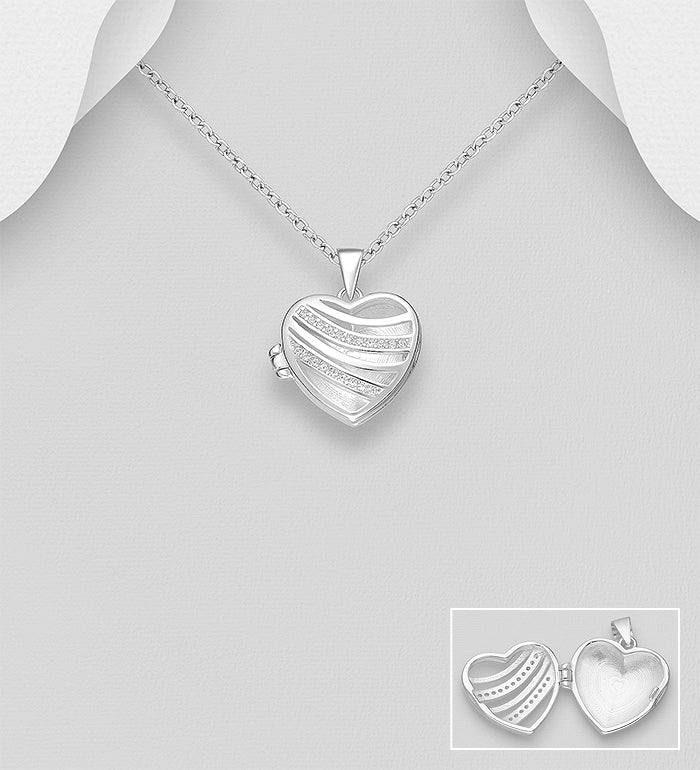 925 Sterling Silver Heart Locket Pendant, Decorated with CZ Simulated Diamonds