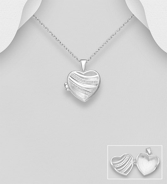 925 Sterling Silver Heart Locket Pendant, Decorated with CZ Simulated Diamonds