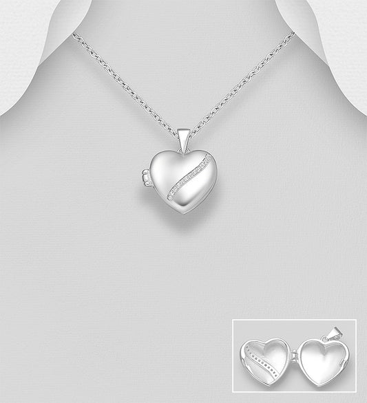 925 Sterling Silver Heart Locket Pendant, Decorated with CZ Simulated Diamonds