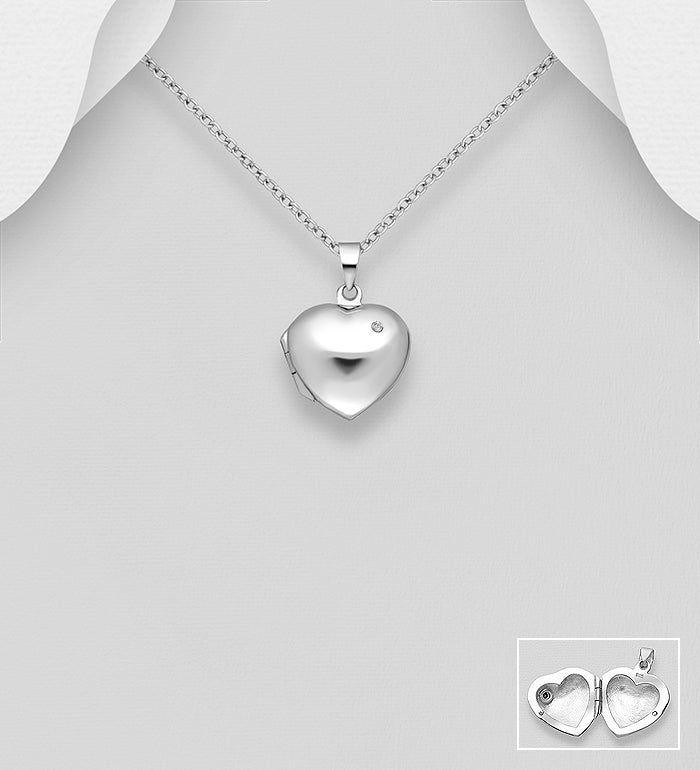 925 Sterling Silver Heart Locket Pendant Decorated with CZ Simulated Diamonds