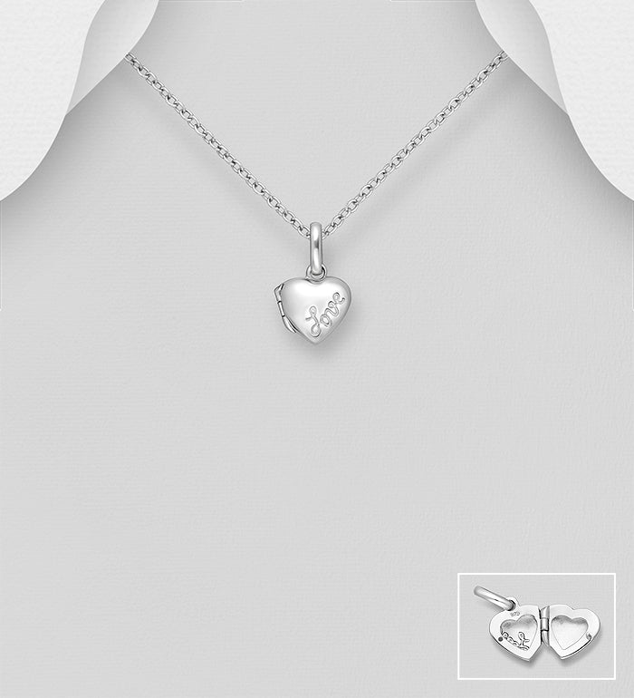 925 Sterling Silver Heart, Message & Locket  Pendant, Engraved with "Love"