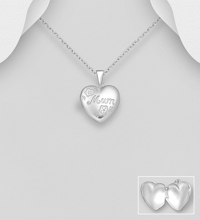 925 Sterling Silver Heart and 'Mum" Locket Pendant