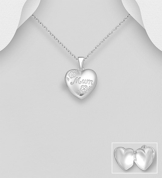 925 Sterling Silver Heart and 'Mum" Locket Pendant
