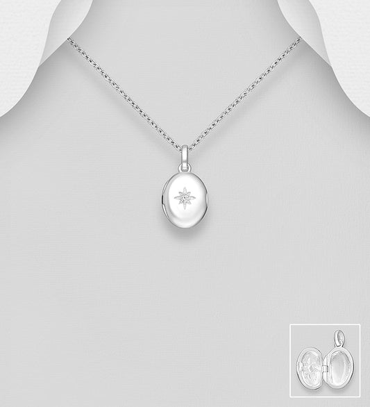 925 Sterling Silver Star Locket Pendant, Decorated with CZ Simulated Diamond