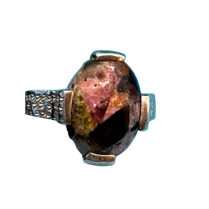 925 Sterling Silver Tourmaline Mosaic Ring Size T