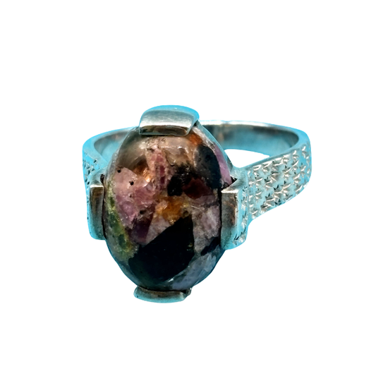 925 Sterling Silver Tourmaline Mosaic Ring Size T
