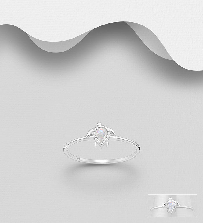 Wholesale 925 Sterling Silver Turtle Ring, Decorated with Rainbow Moonstone