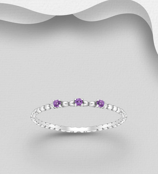 925 Sterling Silver Ring, Decorated with Three Amethyst Gemstones (Size L to R)