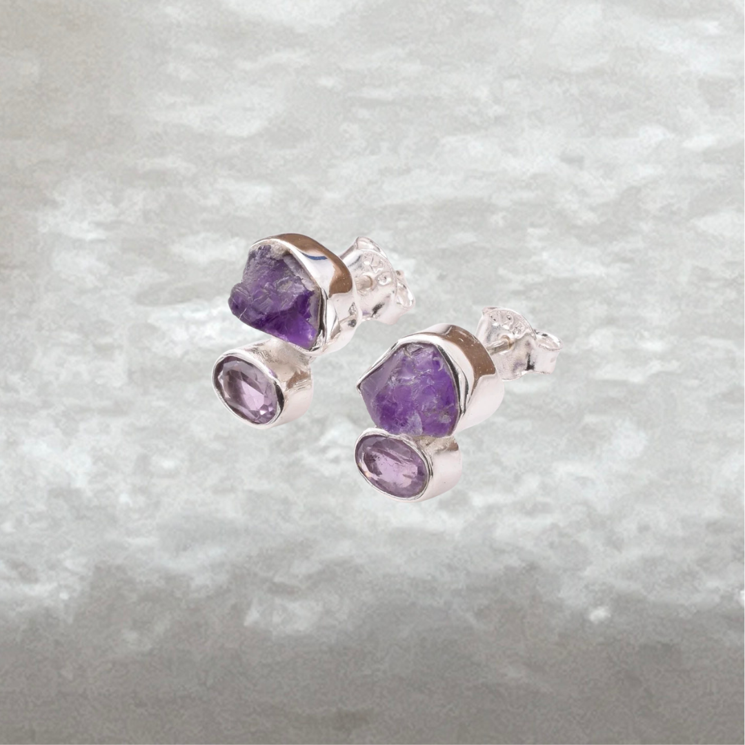 Handcrafted 925 Sterling Silver Natural Amethyst Stud Earrings