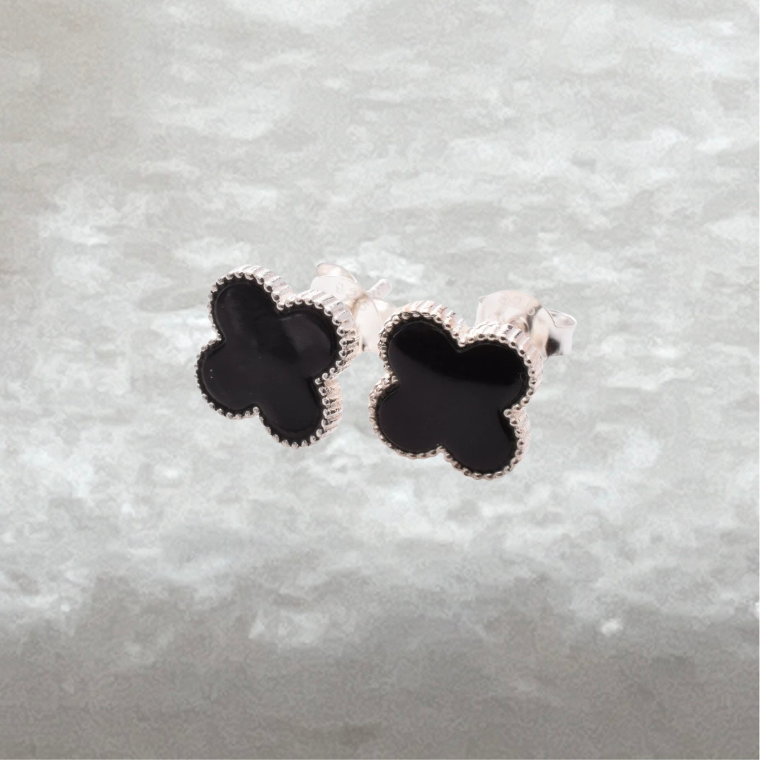Handcrafted 925 Sterling Silver Black Enamel Clover Earrings