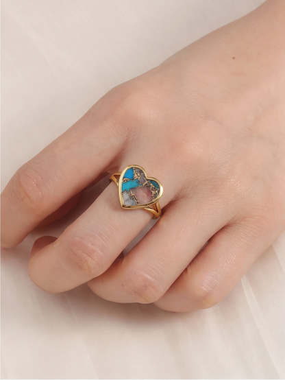 925 Sterling Silver Gilded Copper Turquoise Heart Ring - Size S