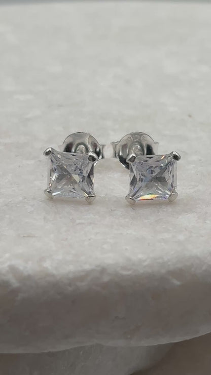 Handcrafted 925 Sterling Silver CZ Square Stud Earrings