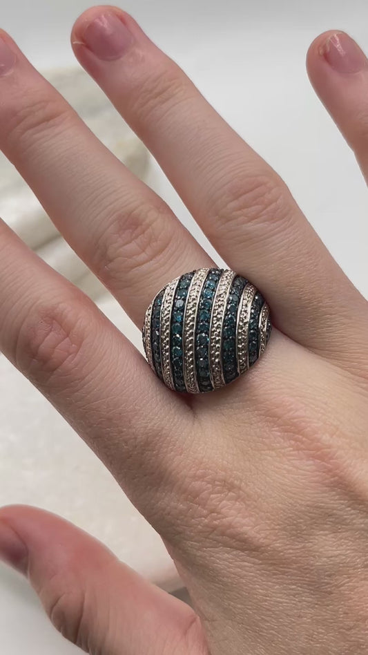 Vintage 925 Sterling Silver Curvy Blue Diamond Dome Ring - Size O
